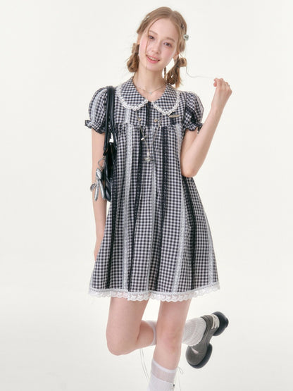Vintage Doll Collar Plaid Lace Spliced Puff Sleeve Dress【s0000016353】