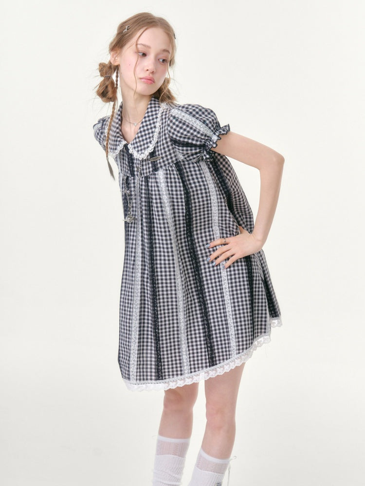 Vintage Doll Collar Plaid Lace Spliced Puff Sleeve Dress【s0000016353】