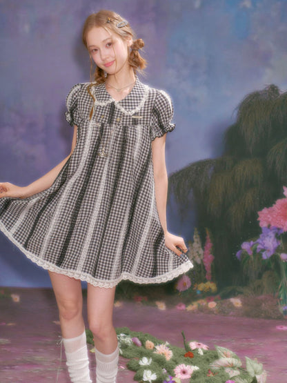Vintage Doll Collar Plaid Lace Spliced Puff Sleeve Dress【s0000016353】