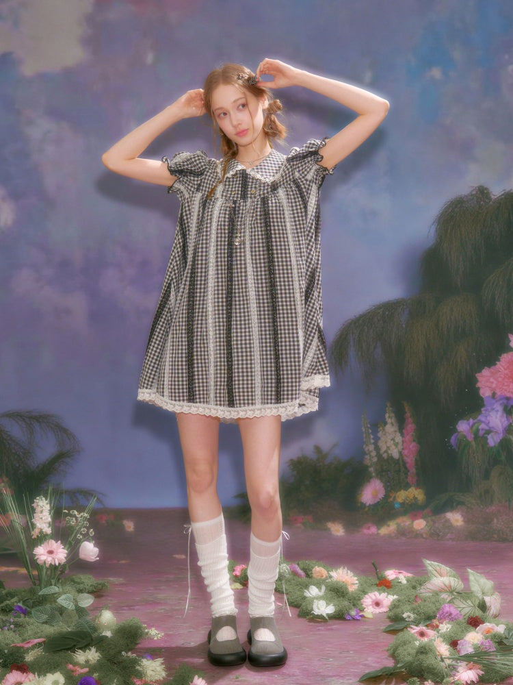 Vintage Doll Collar Plaid Lace Spliced Puff Sleeve Dress【s0000016353】