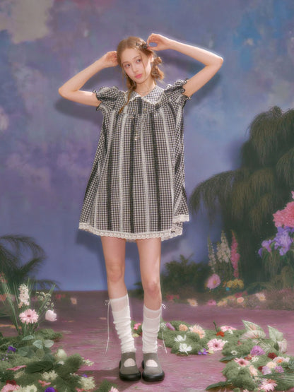 Vintage Doll Collar Plaid Lace Spliced Puff Sleeve Dress【s0000016353】