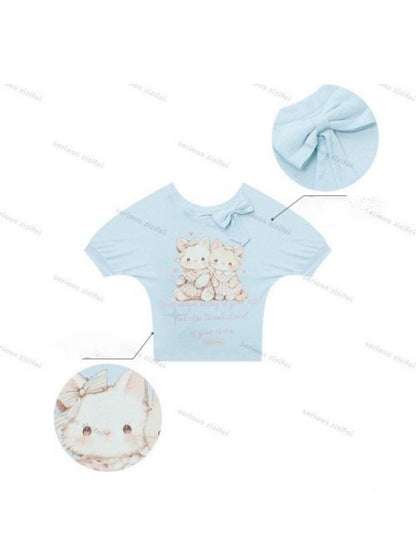 Cute Cat Print Bow Cropped Short-Sleeved T-Shirt Light Blue【s0000016354】