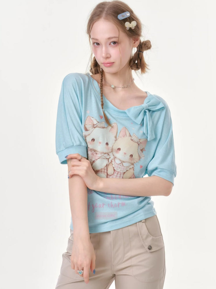 Cute Cat Print Bow Cropped Short-Sleeved T-Shirt Light Blue【s0000016354】