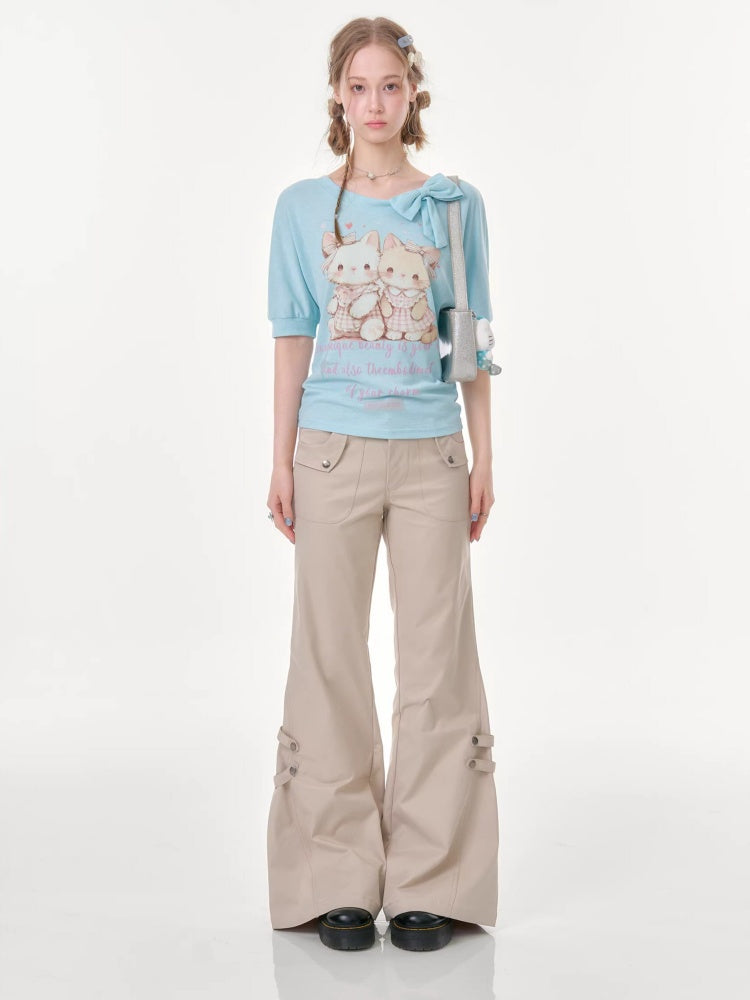 Cute Cat Print Bow Cropped Short-Sleeved T-Shirt Light Blue【s0000016354】
