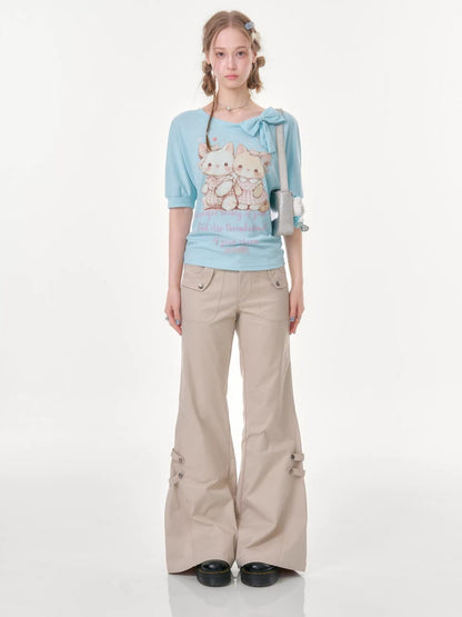 Cute Cat Print Bow Cropped Short-Sleeved T-Shirt Light Blue【s0000016354】