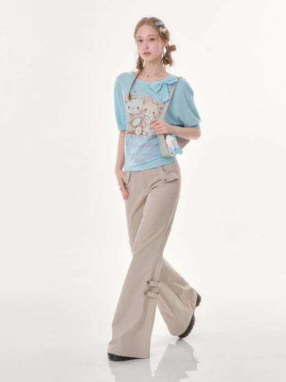 Cute Cat Print Bow Cropped Short-Sleeved T-Shirt Light Blue【s0000016354】