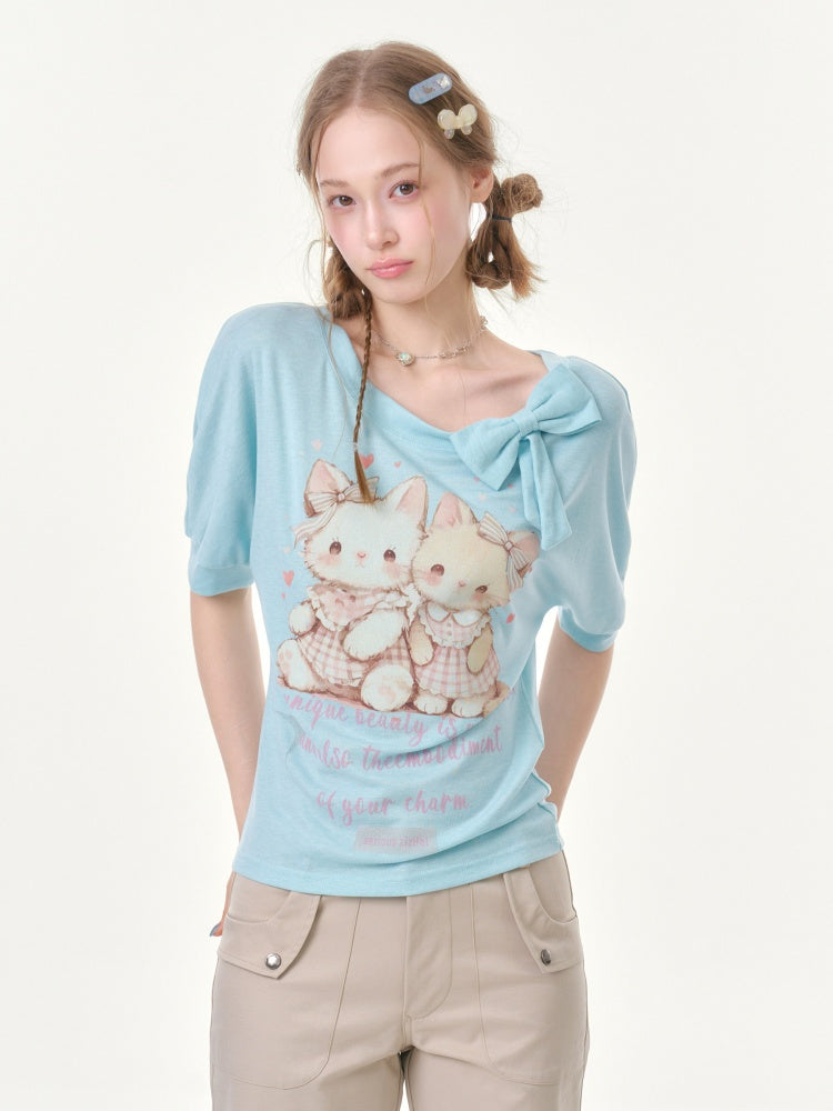 Cute Cat Print Bow Cropped Short-Sleeved T-Shirt Light Blue【s0000016354】