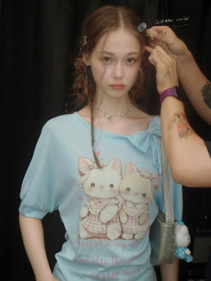 Cute Cat Print Bow Cropped Short-Sleeved T-Shirt Light Blue【s0000016354】
