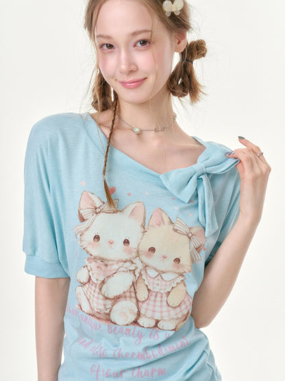 Cute Cat Print Bow Cropped Short-Sleeved T-Shirt Light Blue【s0000016354】