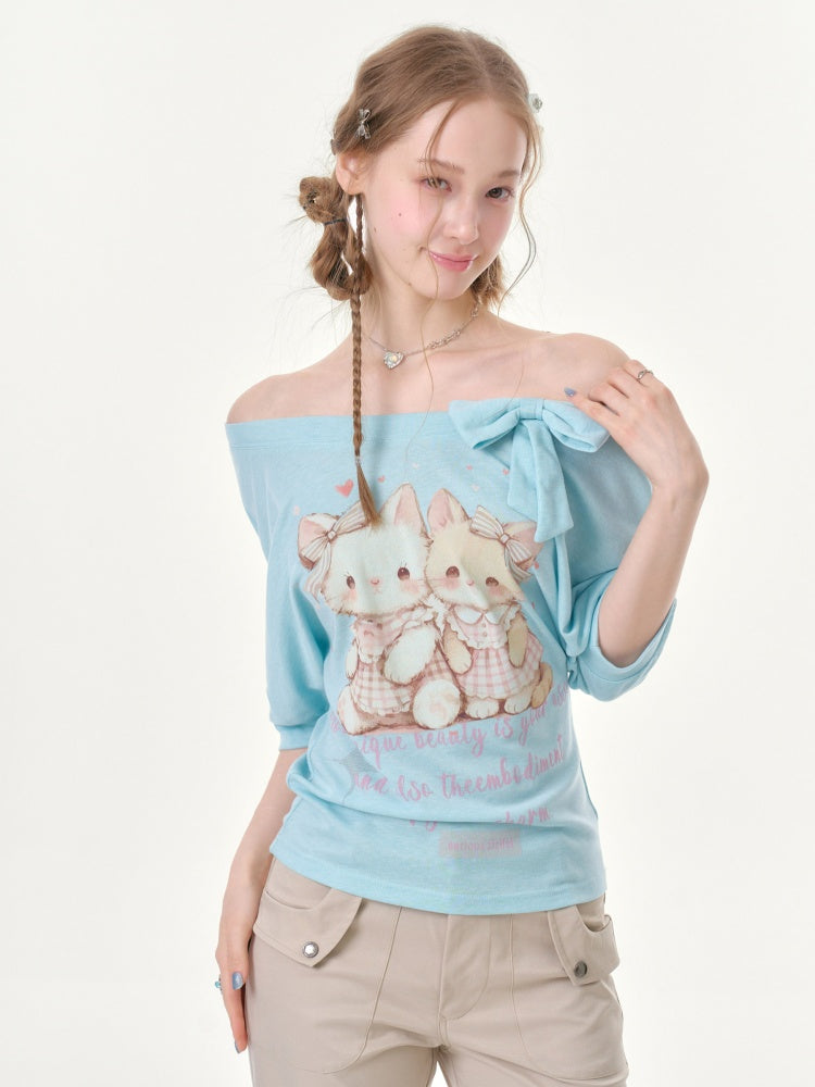 Cute Cat Print Bow Cropped Short-Sleeved T-Shirt Light Blue【s0000016354】