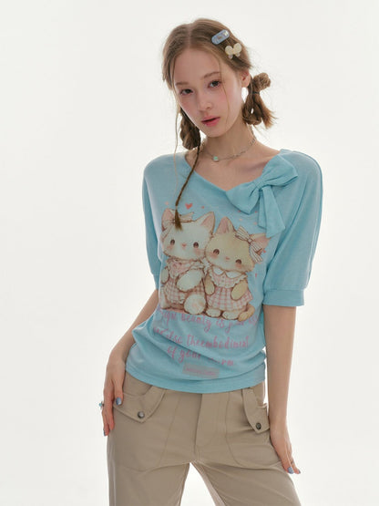 Cute Cat Print Bow Cropped Short-Sleeved T-Shirt Light Blue【s0000016354】
