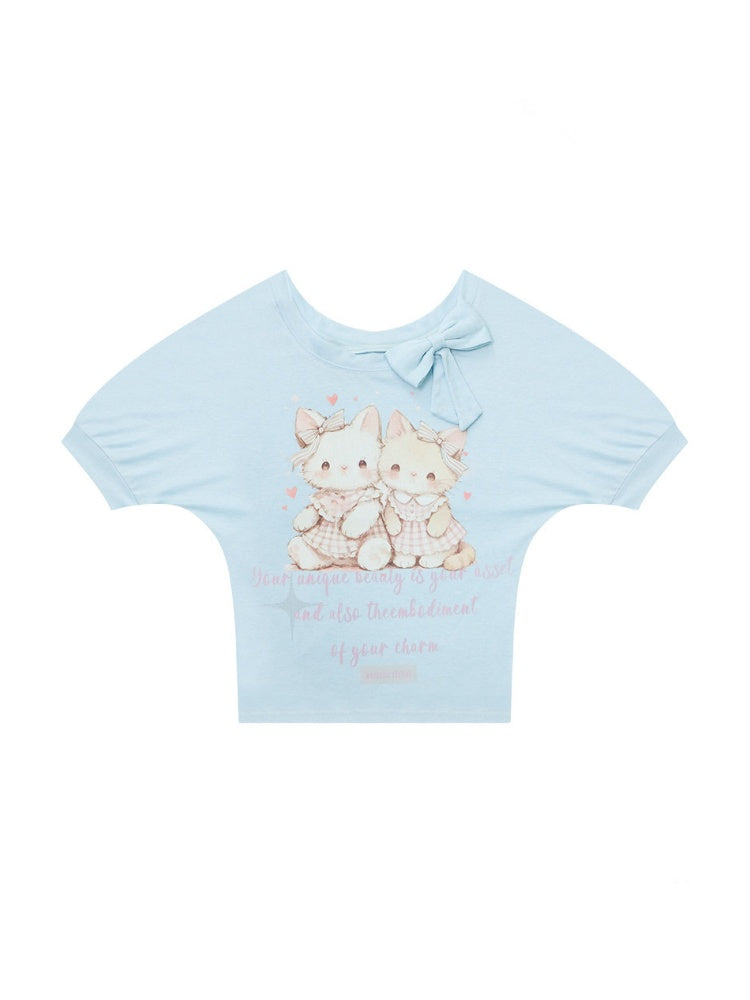 Cute Cat Print Bow Cropped Short-Sleeved T-Shirt Light Blue【s0000016354】