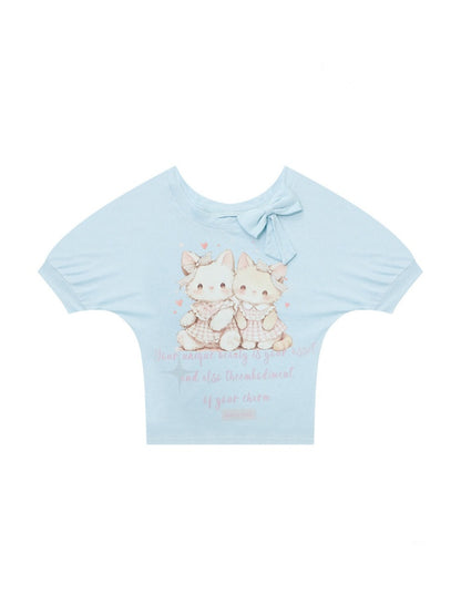 Cute Cat Print Bow Cropped Short-Sleeved T-Shirt Light Blue【s0000016354】