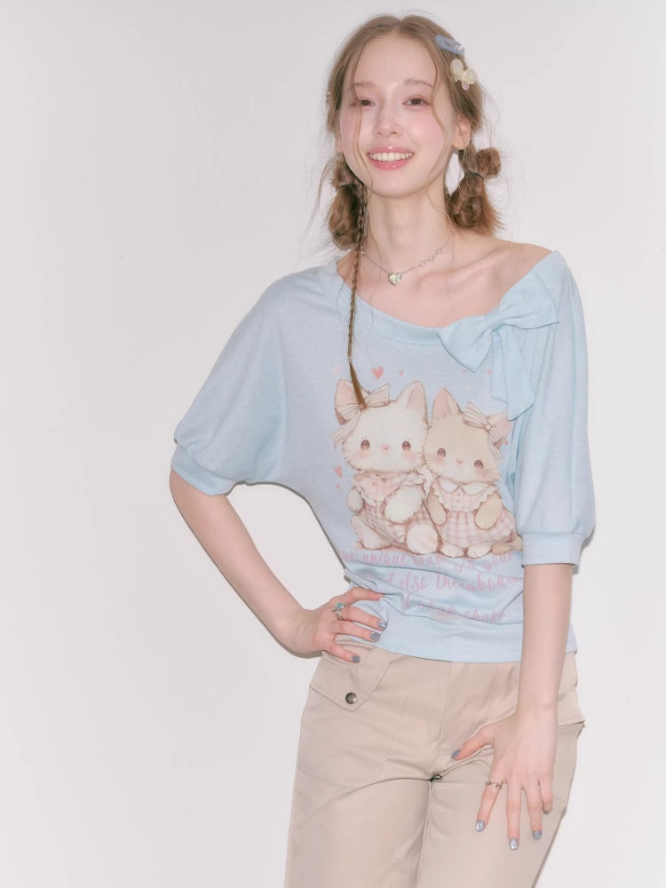 Cute Cat Print Bow Cropped Short-Sleeved T-Shirt Light Blue【s0000016354】