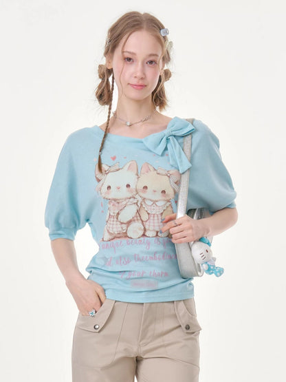 Cute Cat Print Bow Cropped Short-Sleeved T-Shirt Light Blue【s0000016354】