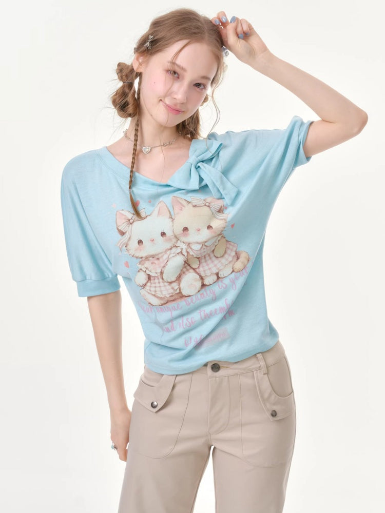 Cute Cat Print Bow Cropped Short-Sleeved T-Shirt Light Blue【s0000016354】