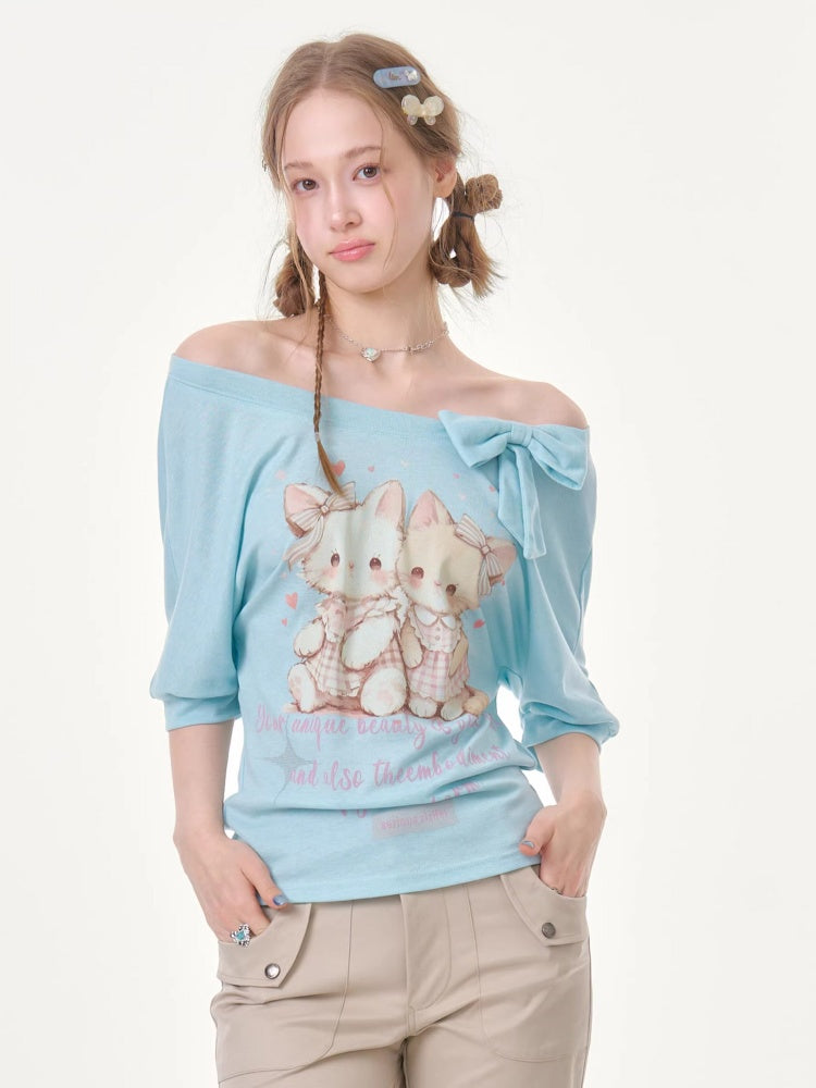 Cute Cat Print Bow Cropped Short-Sleeved T-Shirt Light Blue【s0000016354】