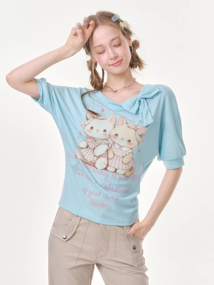 Cute Cat Print Bow Cropped Short-Sleeved T-Shirt Light Blue【s0000016354】