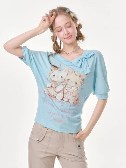 Cute Cat Print Bow Cropped Short-Sleeved T-Shirt Light Blue【s0000016354】