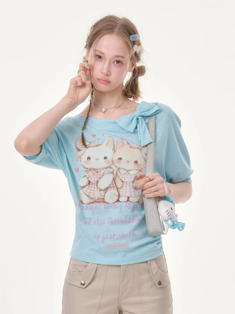 Cute Cat Print Bow Cropped Short-Sleeved T-Shirt Light Blue【s0000016354】