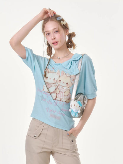 Cute Cat Print Bow Cropped Short-Sleeved T-Shirt Light Blue【s0000016354】