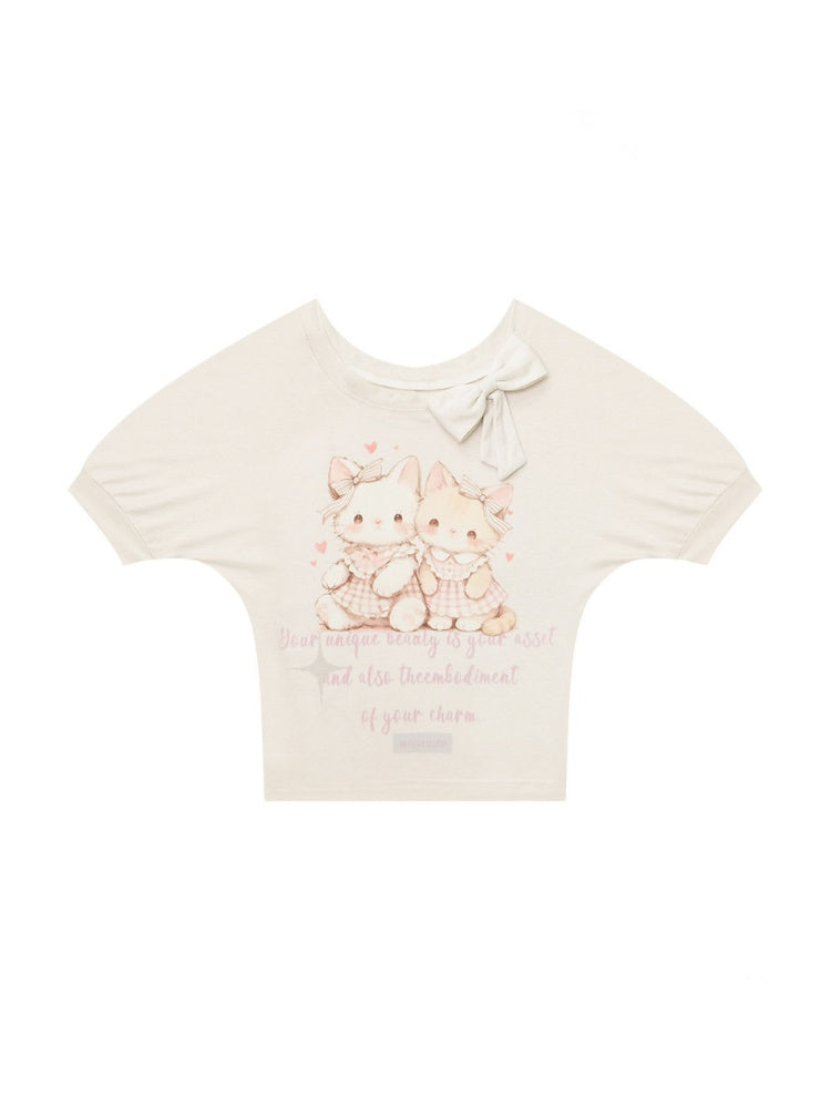 Cute Cat Print Bow Cropped Short-Sleeved T-Shirt Apricot【s0000016355】