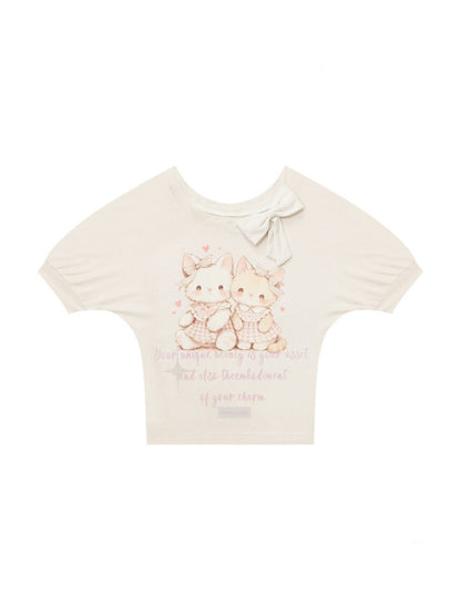 Cute Cat Print Bow Cropped Short-Sleeved T-Shirt Apricot【s0000016355】