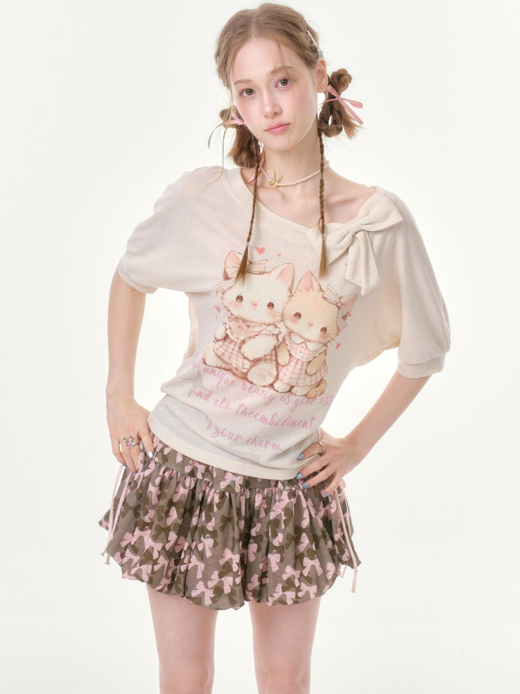 Cute Cat Print Bow Cropped Short-Sleeved T-Shirt Apricot【s0000016355】
