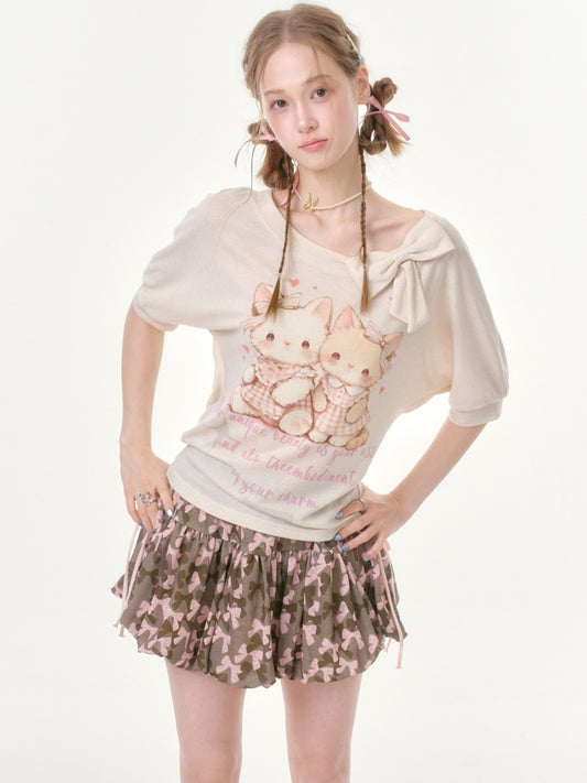 Cute Cat Print Bow Cropped Short-Sleeved T-Shirt Apricot【s0000016355】