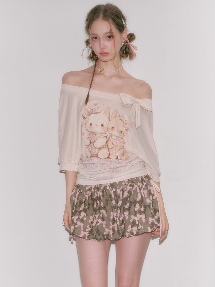 Cute Cat Print Bow Cropped Short-Sleeved T-Shirt Apricot【s0000016355】