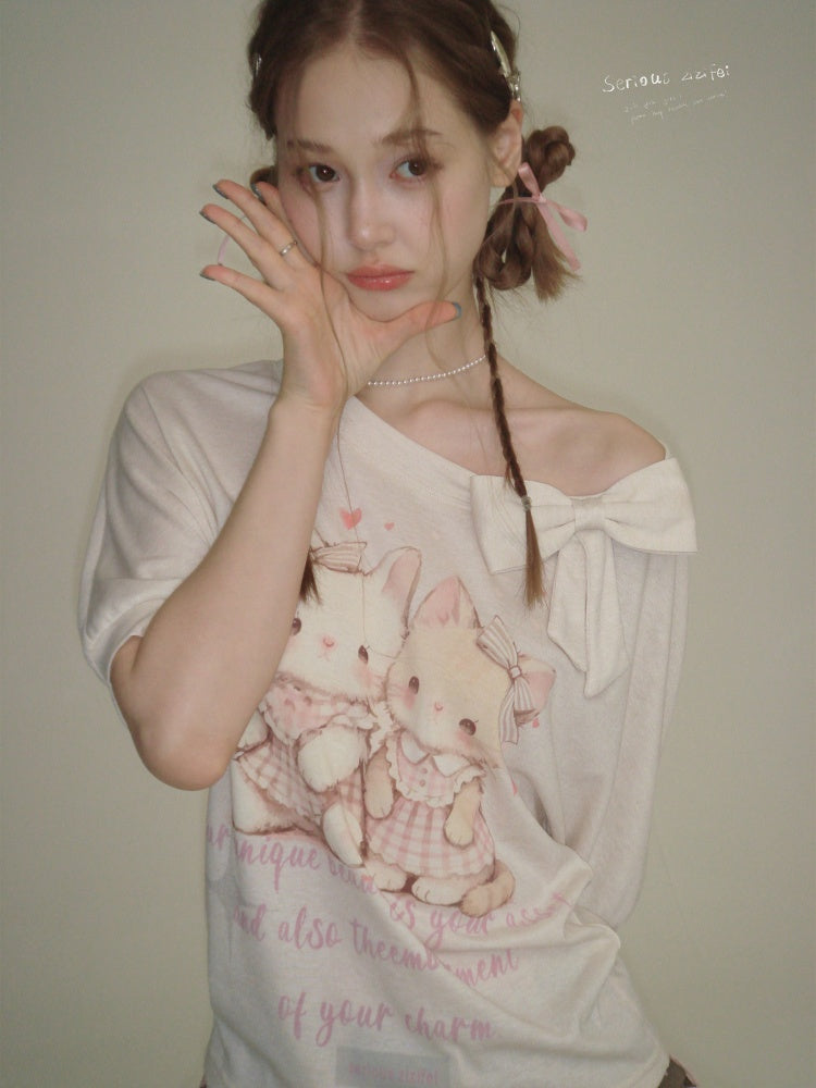 Cute Cat Print Bow Cropped Short-Sleeved T-Shirt Apricot【s0000016355】