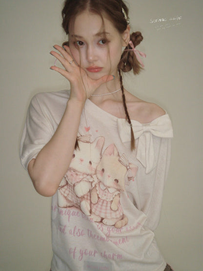 Cute Cat Print Bow Cropped Short-Sleeved T-Shirt Apricot【s0000016355】
