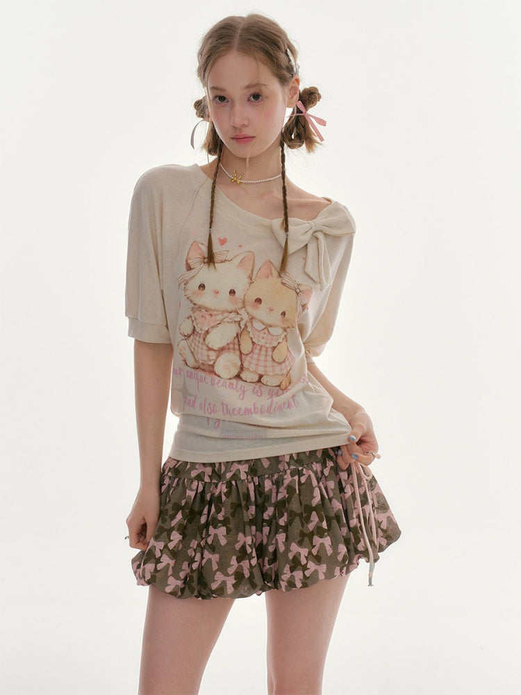 Cute Cat Print Bow Cropped Short-Sleeved T-Shirt Apricot【s0000016355】