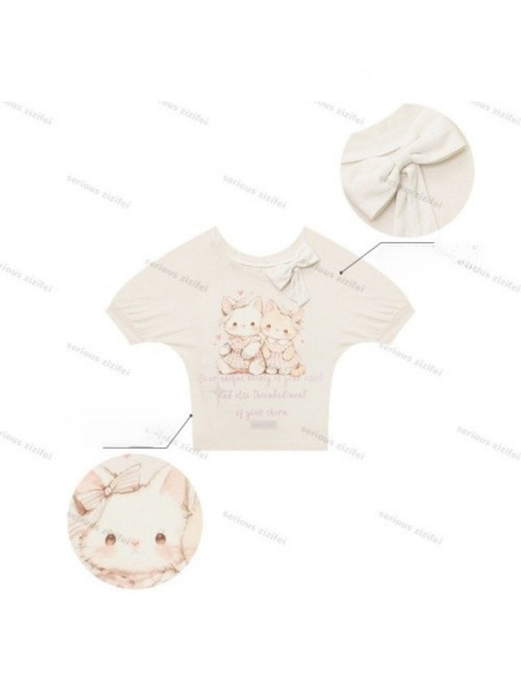 Cute Cat Print Bow Cropped Short-Sleeved T-Shirt Apricot【s0000016355】