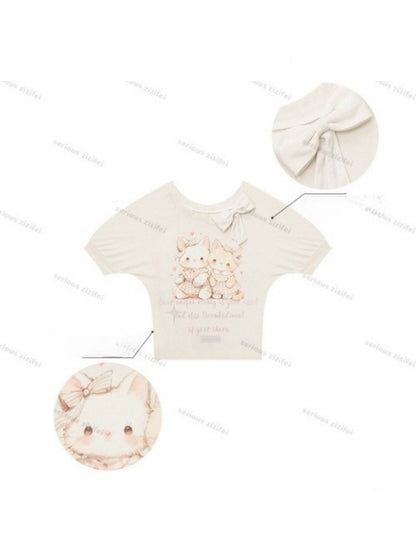 Cute Cat Print Bow Cropped Short-Sleeved T-Shirt Apricot【s0000016355】