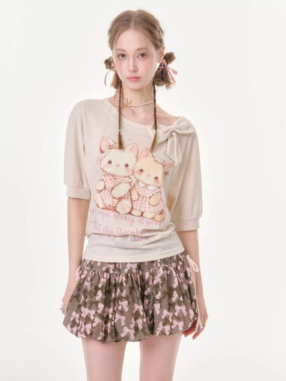 Cute Cat Print Bow Cropped Short-Sleeved T-Shirt Apricot【s0000016355】