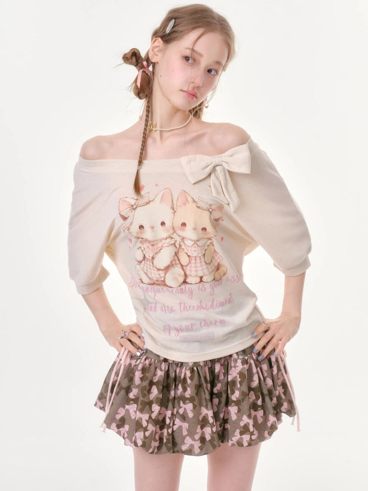 Cute Cat Print Bow Cropped Short-Sleeved T-Shirt Apricot【s0000016355】