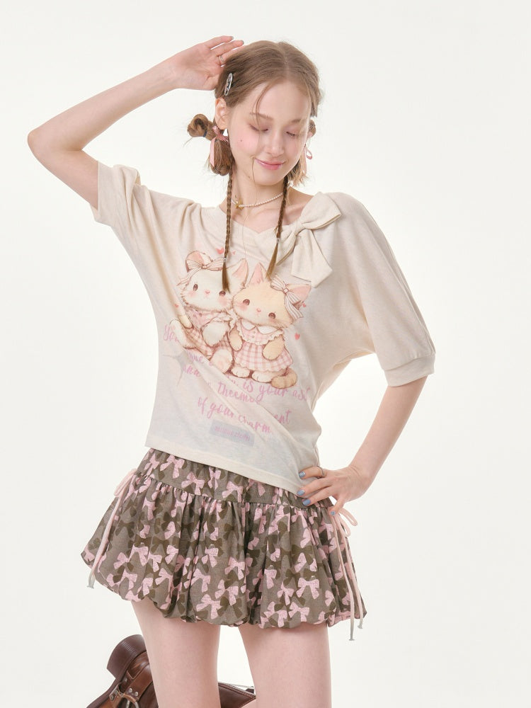 Cute Cat Print Bow Cropped Short-Sleeved T-Shirt Apricot【s0000016355】