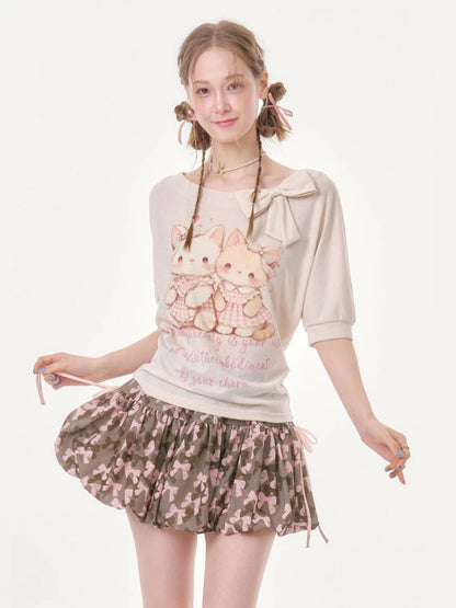 Cute Cat Print Bow Cropped Short-Sleeved T-Shirt Apricot【s0000016355】