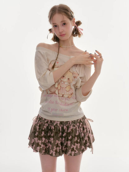 Cute Cat Print Bow Cropped Short-Sleeved T-Shirt Apricot【s0000016355】