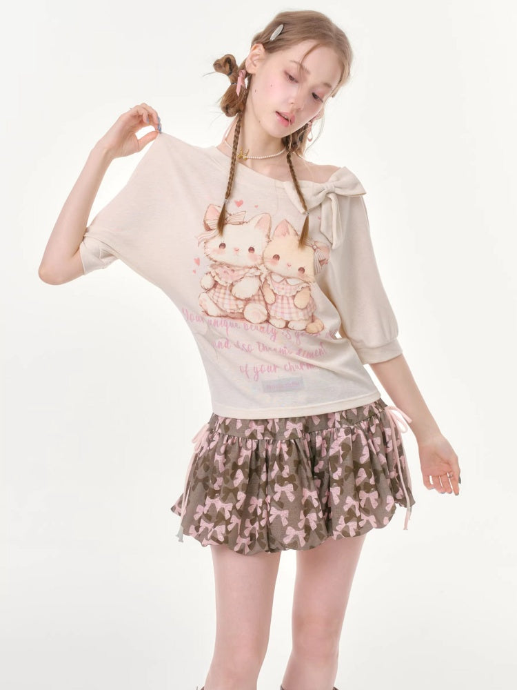 Cute Cat Print Bow Cropped Short-Sleeved T-Shirt Apricot【s0000016355】
