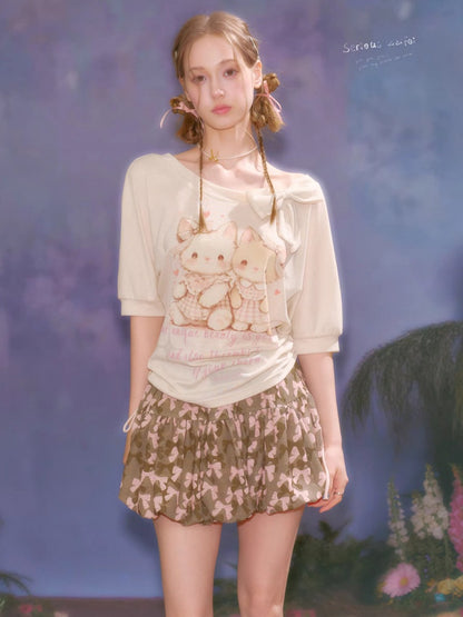 Cute Cat Print Bow Cropped Short-Sleeved T-Shirt Apricot【s0000016355】