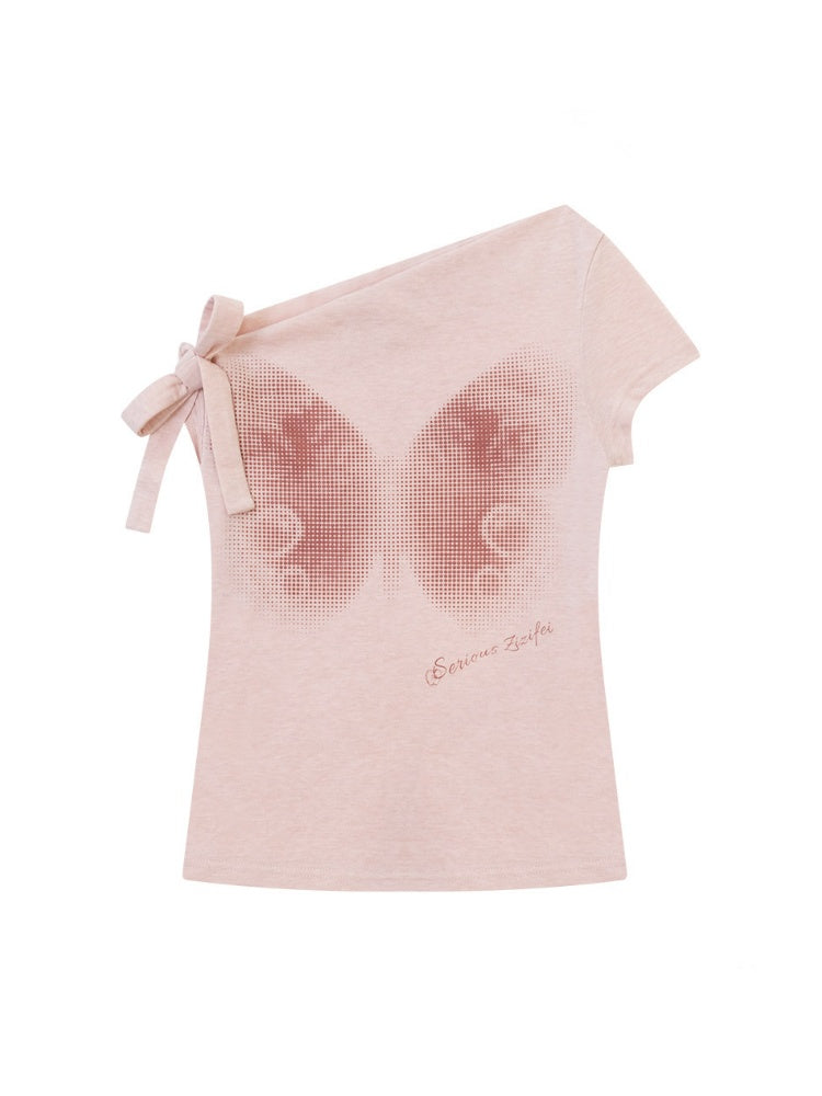 Butterfly Print Sling-Shoulder Lace-Up Slim Short-Sleeved T-Shirt【s0000016356】