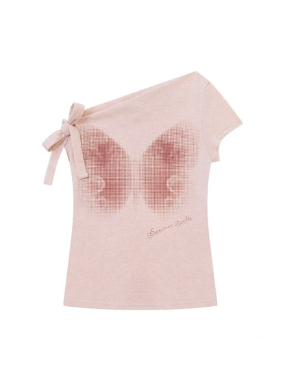 Butterfly Print Sling-Shoulder Lace-Up Slim Short-Sleeved T-Shirt【s0000016356】