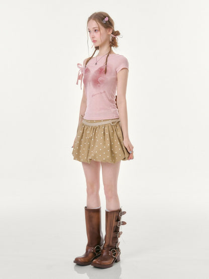 Butterfly Print Sling-Shoulder Lace-Up Slim Short-Sleeved T-Shirt【s0000016356】