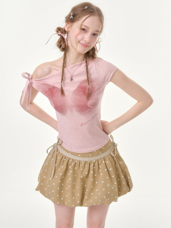 Butterfly Print Sling-Shoulder Lace-Up Slim Short-Sleeved T-Shirt【s0000016356】