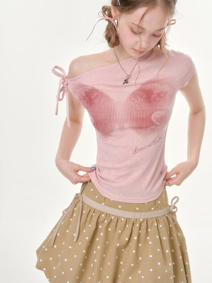 Butterfly Print Sling-Shoulder Lace-Up Slim Short-Sleeved T-Shirt【s0000016356】
