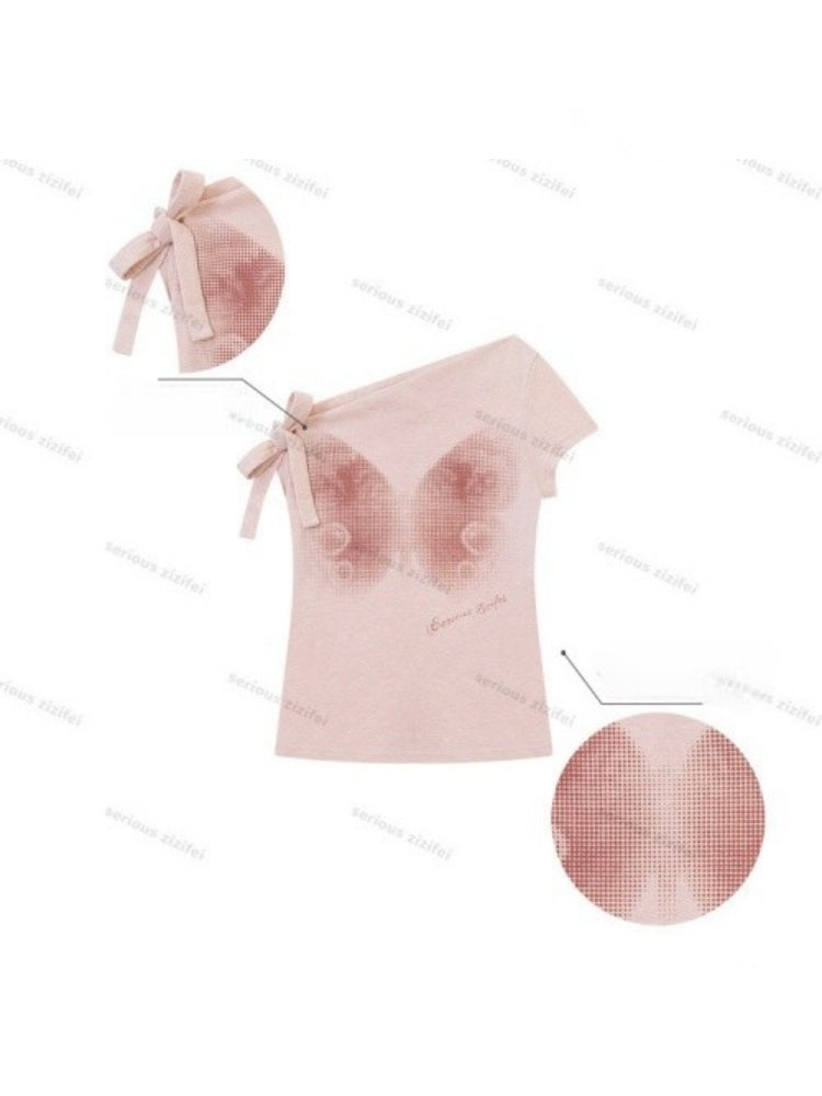 Butterfly Print Sling-Shoulder Lace-Up Slim Short-Sleeved T-Shirt【s0000016356】