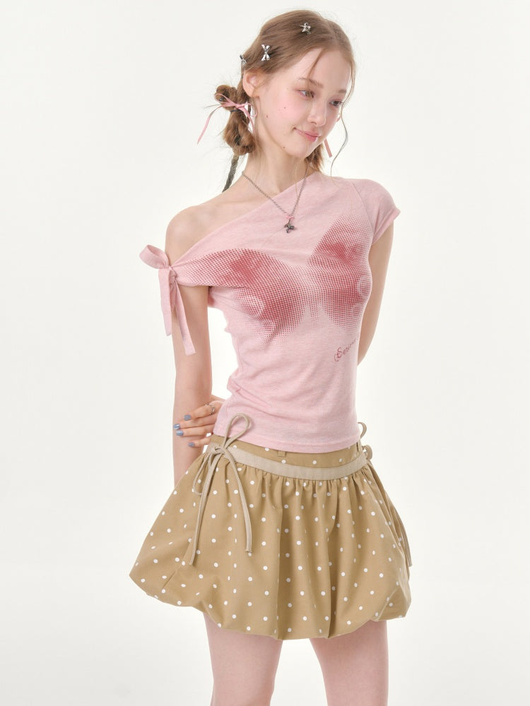 Butterfly Print Sling-Shoulder Lace-Up Slim Short-Sleeved T-Shirt【s0000016356】