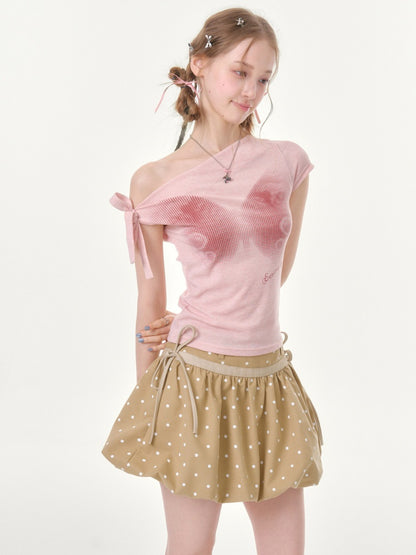 Butterfly Print Sling-Shoulder Lace-Up Slim Short-Sleeved T-Shirt【s0000016356】
